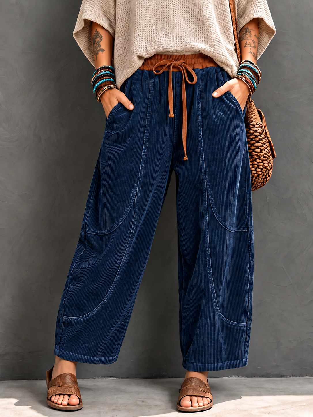 Casual Corduroy Harem Pants With Elastic Waist