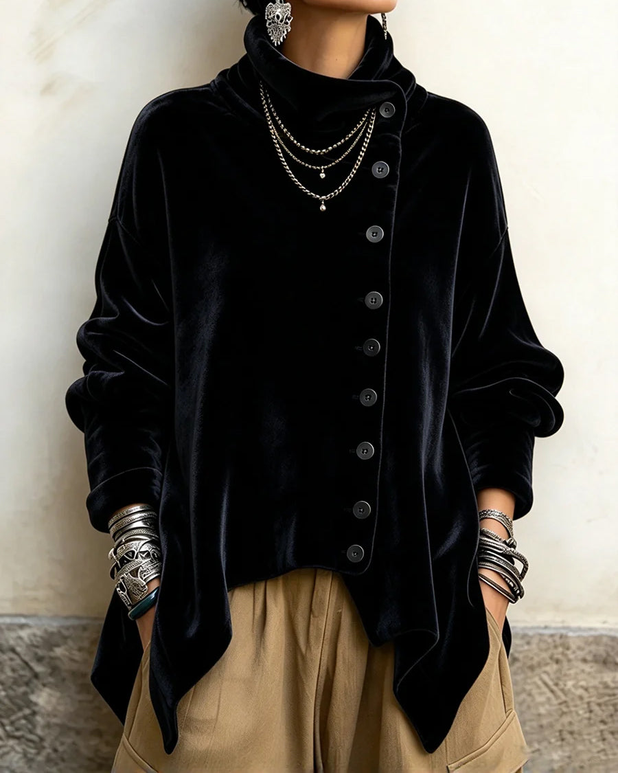 Women's Chic Velvet Asymmetric Button Turtleneck Top