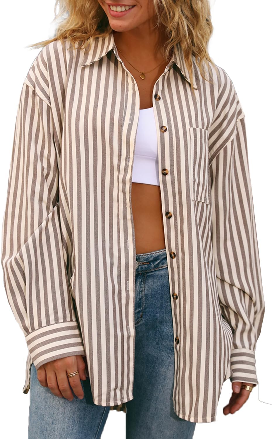 Womens Striped Button Down Shirt Casual Long Sleeve Blouse Top