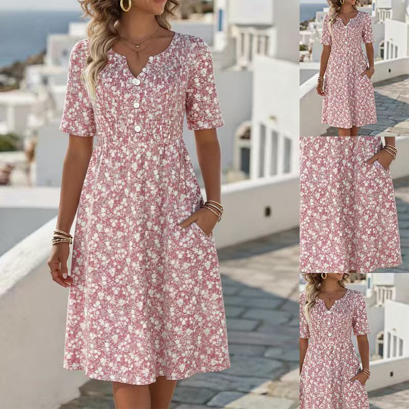 Retro Floral Button-Front Pocket A-line Dress -Loose Fit
