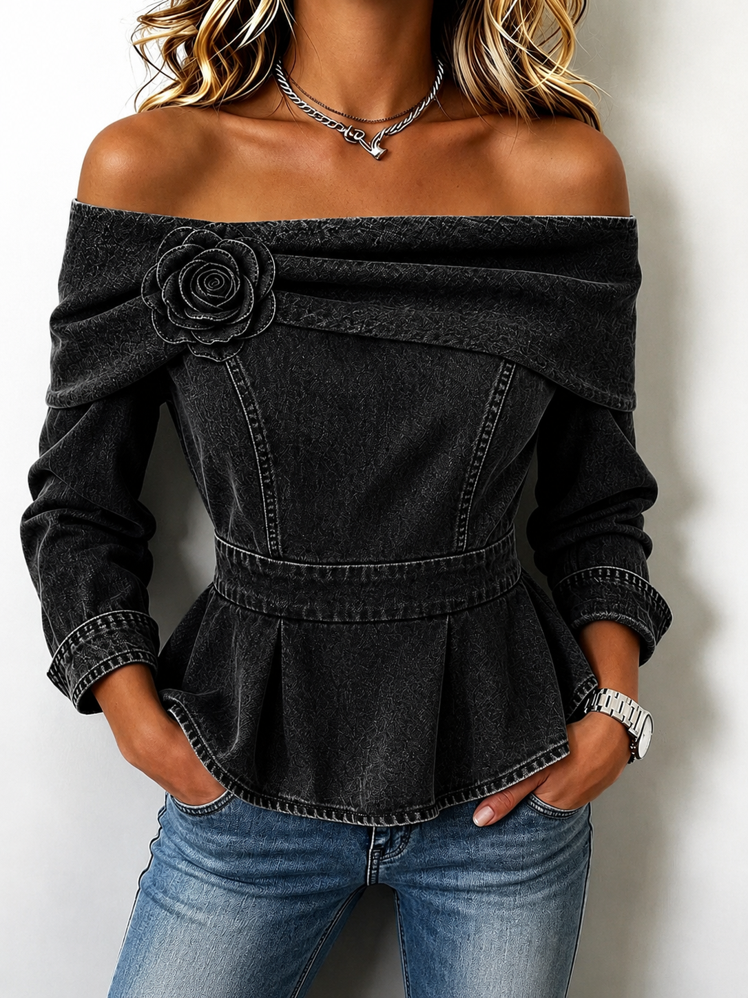Chic Off-shoulder Denim Peplum Top