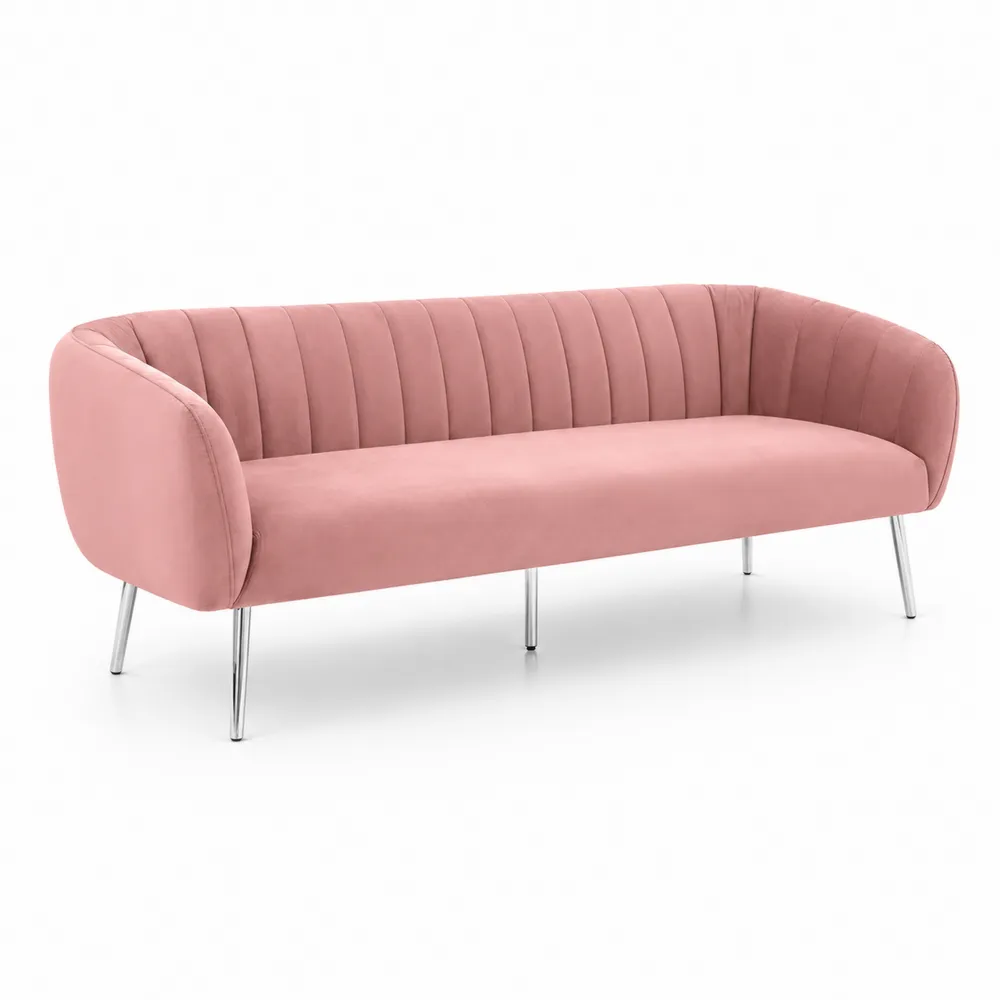 Divano a tre posti in velluto rosa con gambe in metallo cromato