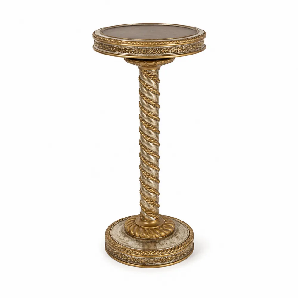 Tavolino portavaso in legno con design a spirale dorato, piano rotondo