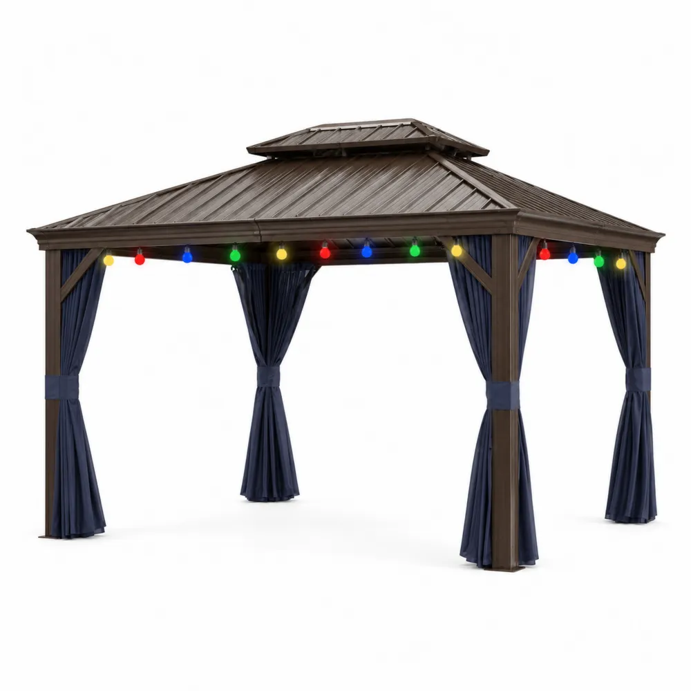 Gazebo in Alluminio con Tetto in Acciaio e Tende Blu