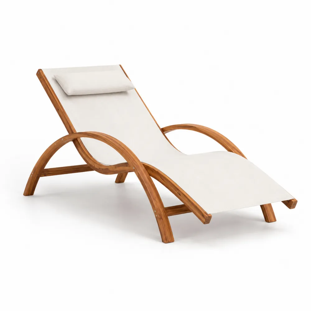 Lettino prendisole in legno di teak e poliestere beige