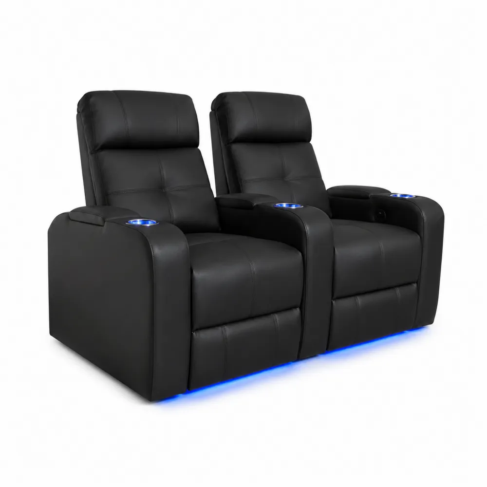 Divano Reclinabile in Pelle Sintetica Nero con LED e Portabicchieri