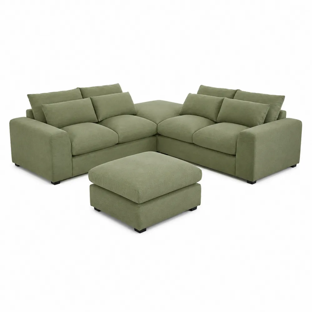 Divano Angolare in Tessuto con Pouf Verde