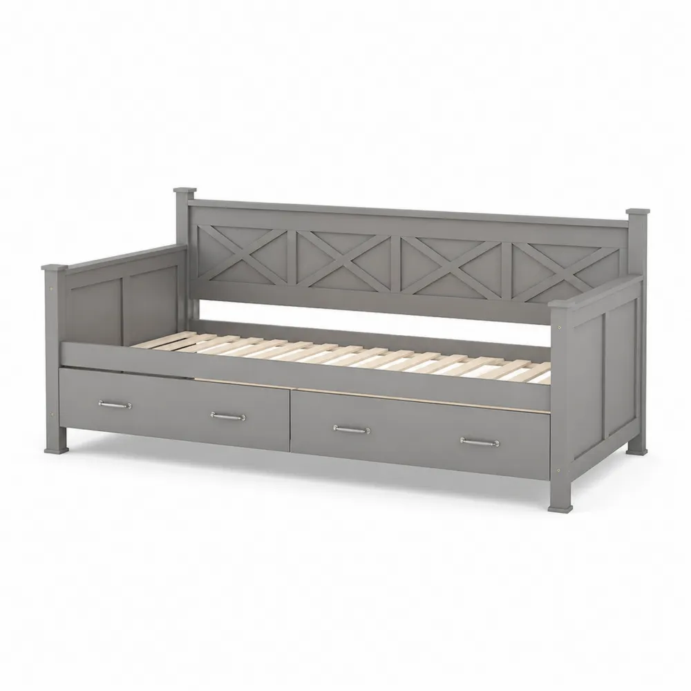 Letto Singolo in Legno con Cassetti Grigio