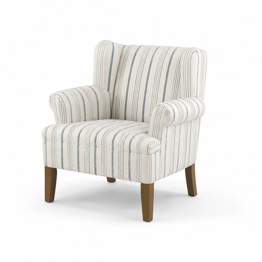 Poltrona in tessuto di cotone a righe bianco e blu con gambe in legno