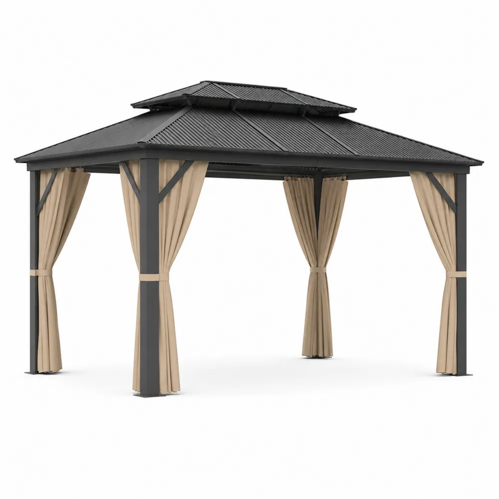 Gazebo in Alluminio con Tetto in Acciaio Zincato e Tende in Poliestere