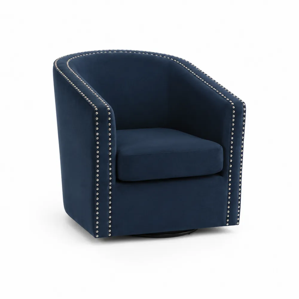 Poltrona girevole in velluto blu con borchie
