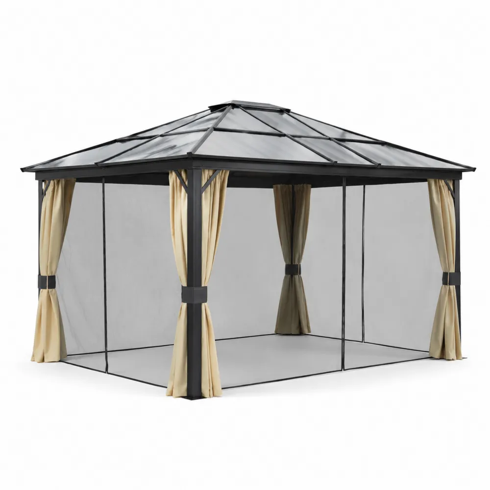 Gazebo da Giardino in Alluminio con Tetto in Policarbonato Nero/Beige