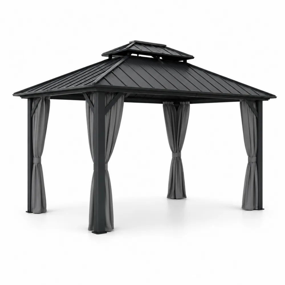 Gazebo in Acciaio con Tetto in Metallo e Tende in Poliestere Grigie 300 cm x 400 cm
