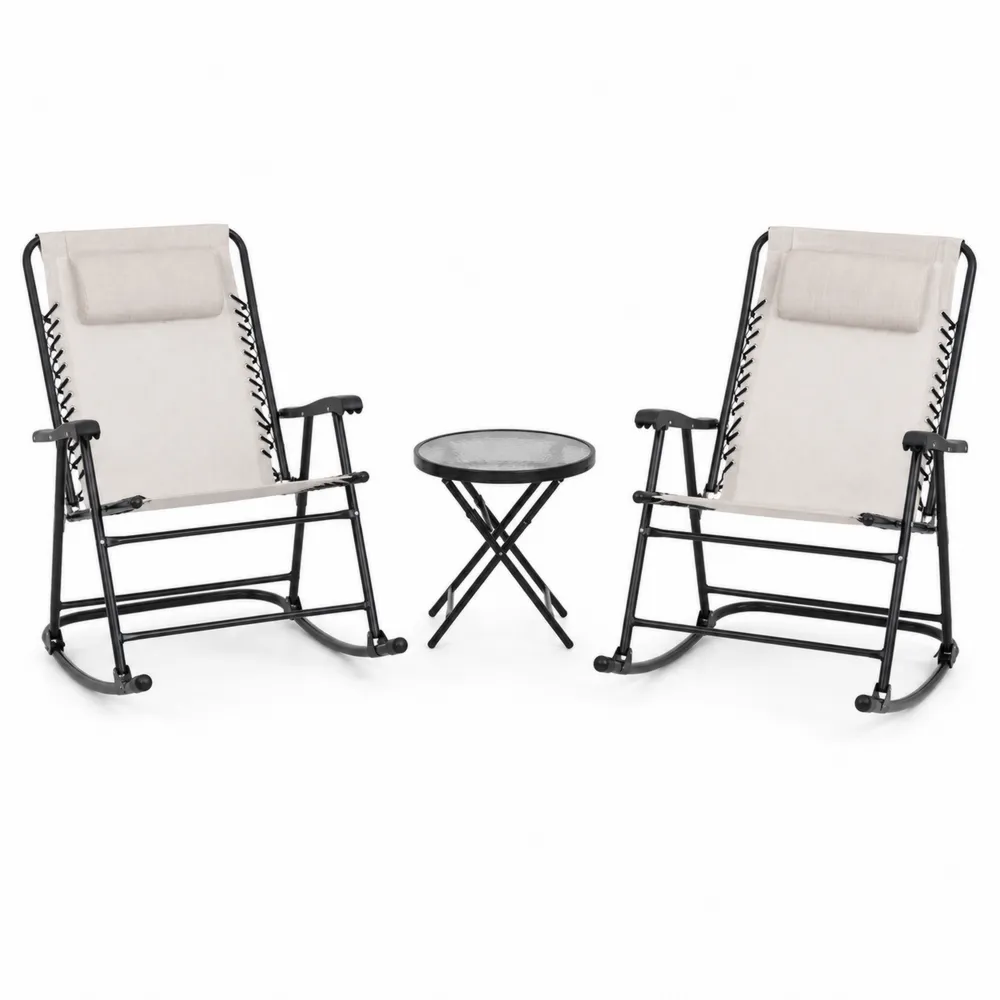 Set di 2 Sedie a Dondolo e Tavolino in Acciaio e Tessuto Poliestere Beige