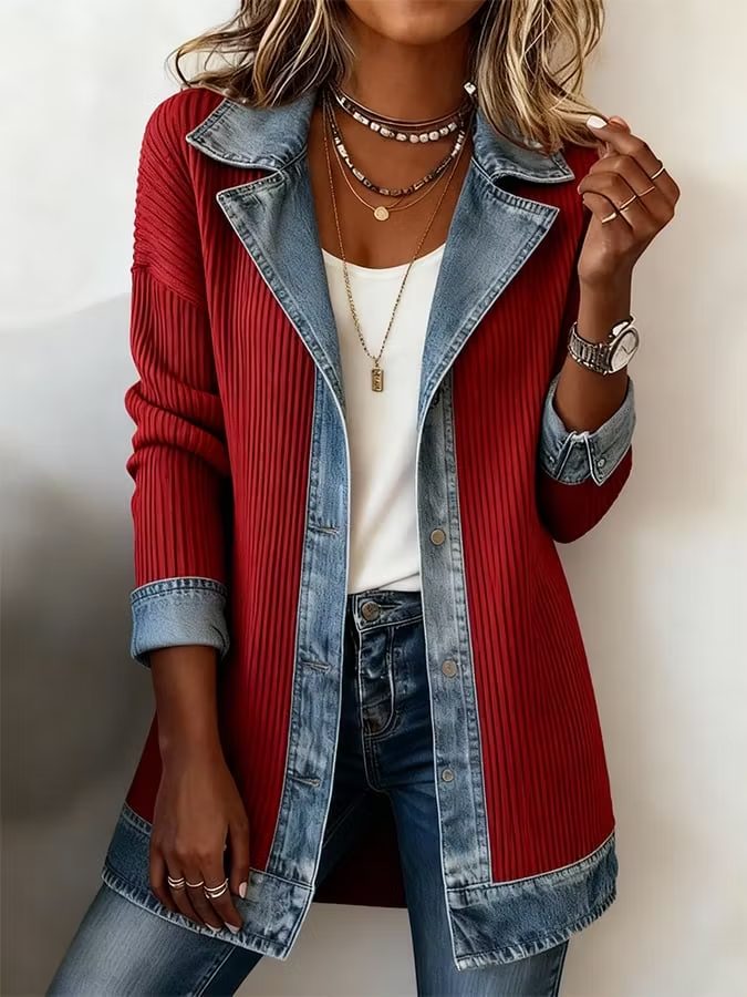 Elegant Mixed Media Denim Knit Cardigan Open Front Lapel Sweater Coat Mid Length Comfort Fit Outerwear