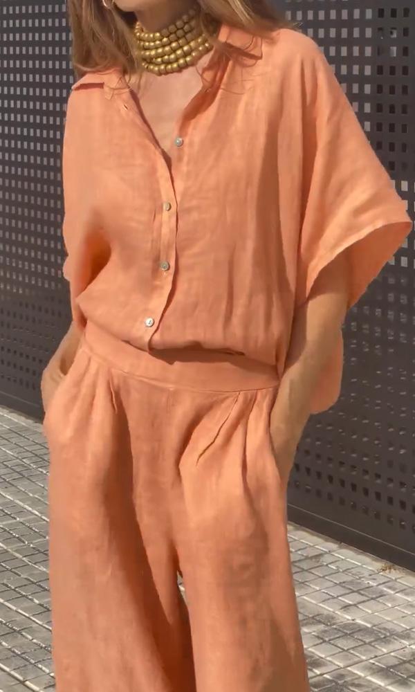 Casual Linen Shirt And Trousers Two-Piece Set