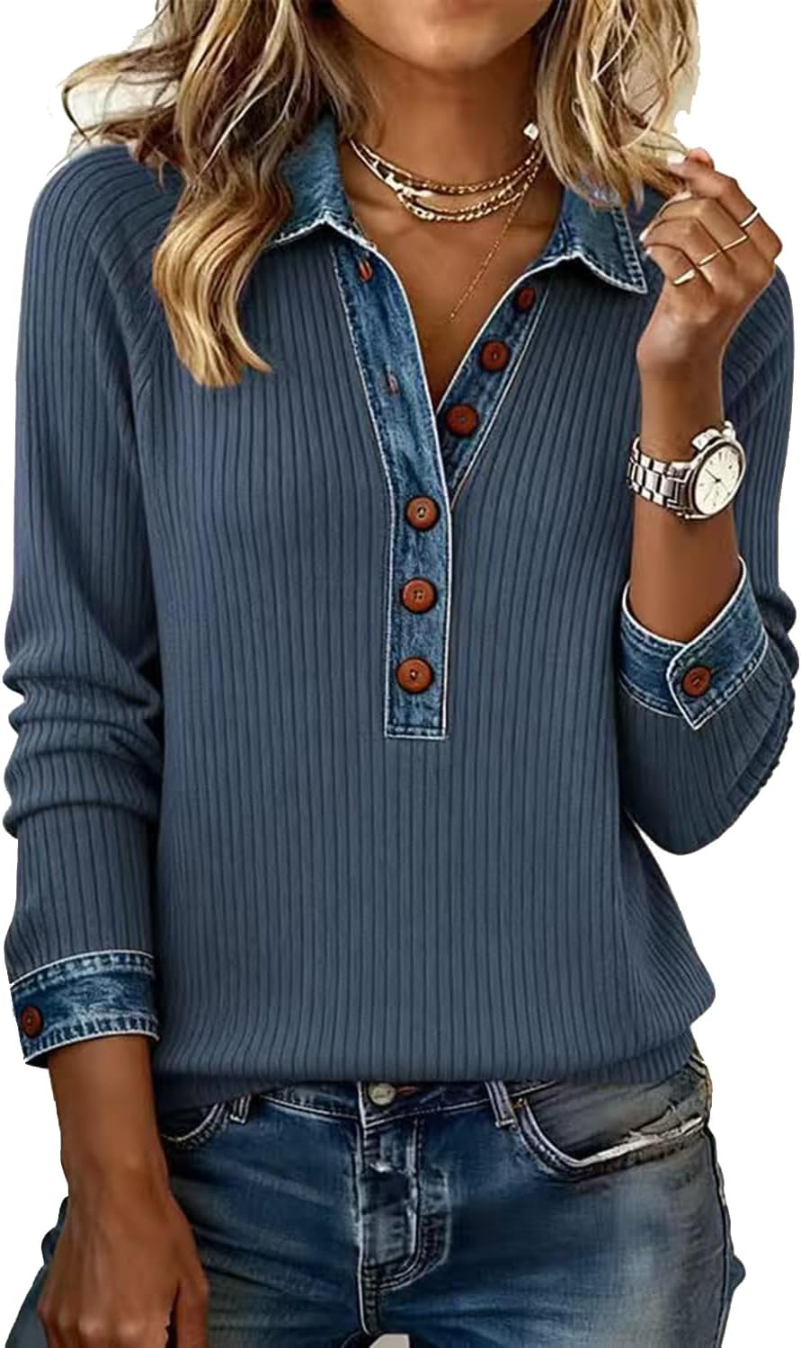 Women Denim Patchwork Lapel V‑Neck Waffle Knit Top