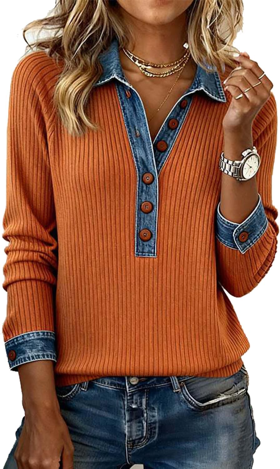 Women Denim Patchwork Lapel V‑Neck Waffle Knit Top