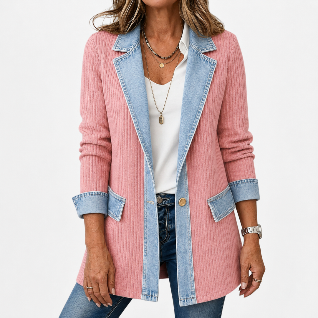 Elegant Mixed Media Denim Knit Cardigan Open Front Lapel Sweater Coat Mid Length Comfort Fit Outerwear