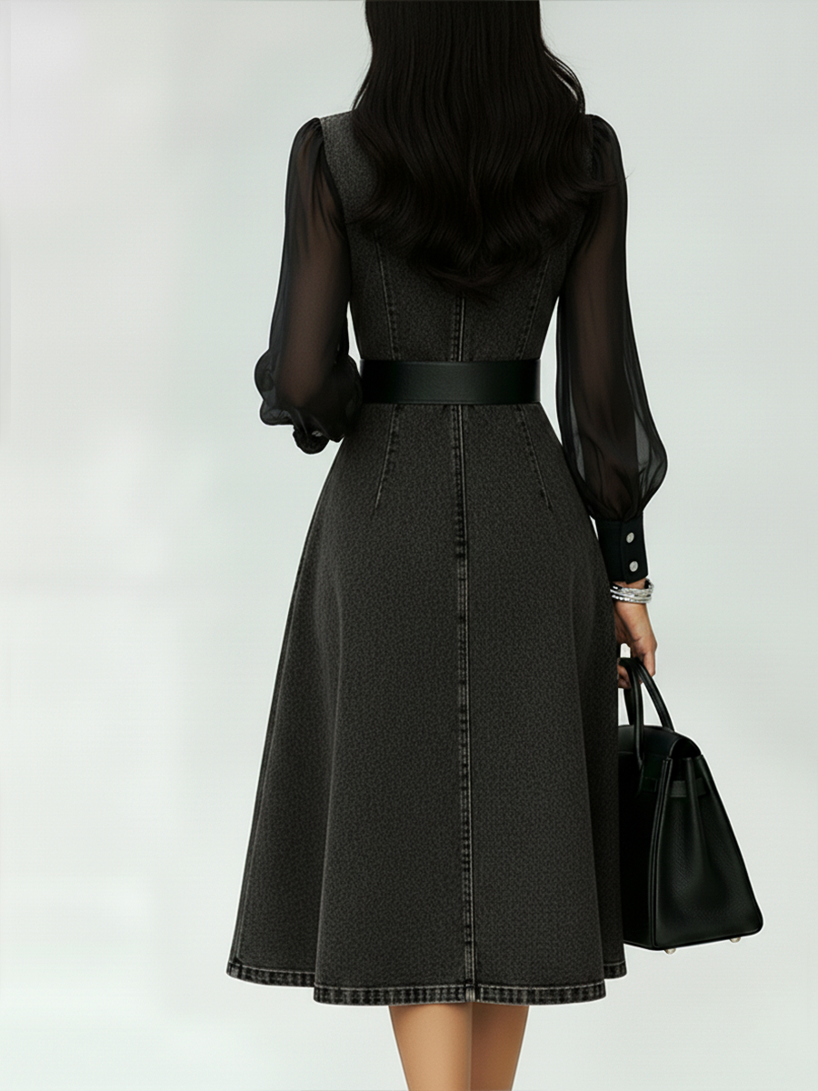 Stylish Denim Dress With Organza Sleeve Panels.