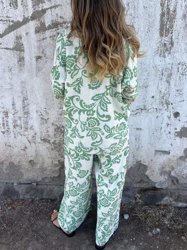 Women's Fashion Two Piece Printed Lapel Button-Down Shirt and Wide-Leg Pants Set