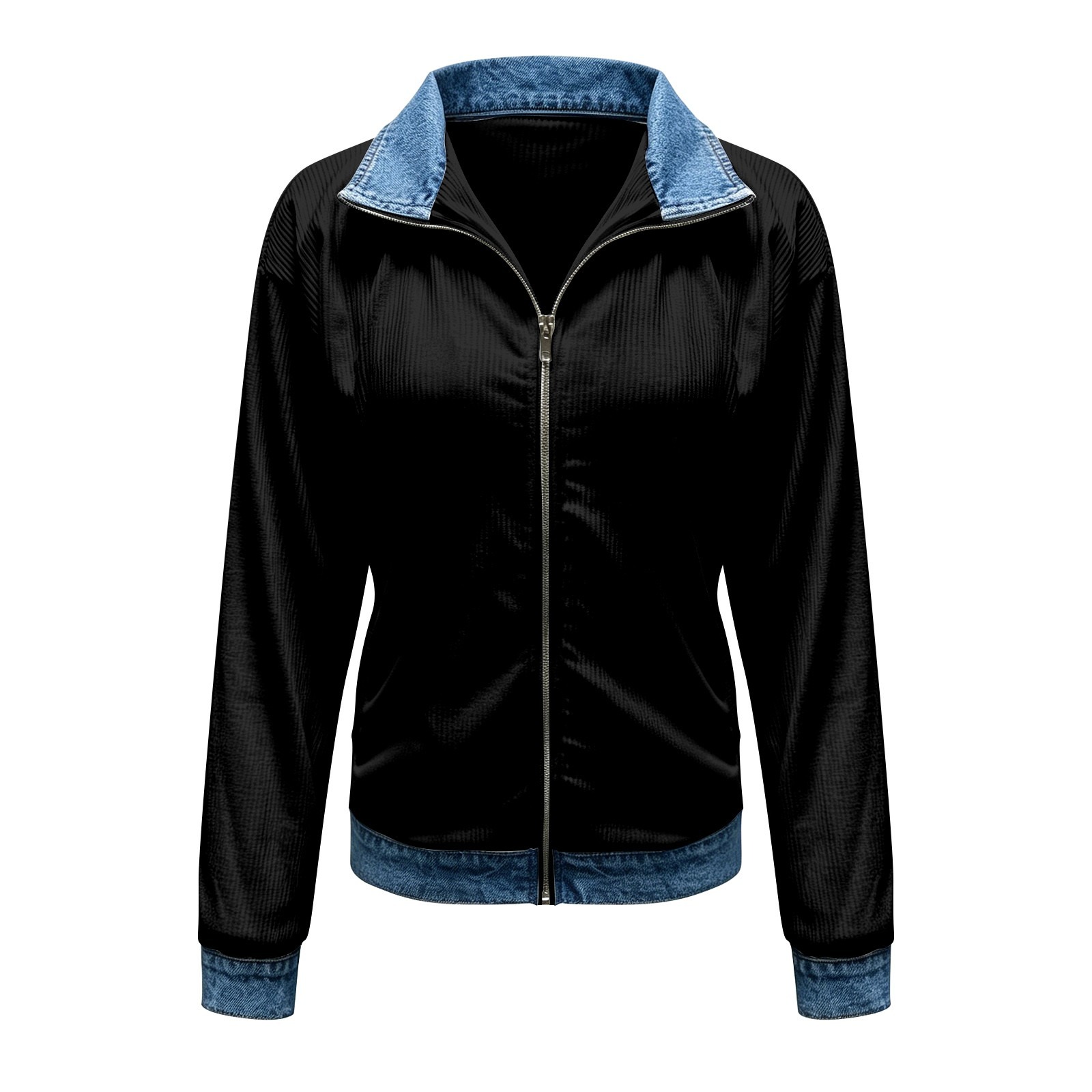 Denim Splice Zip‑Front Ribbed Casual Jacket