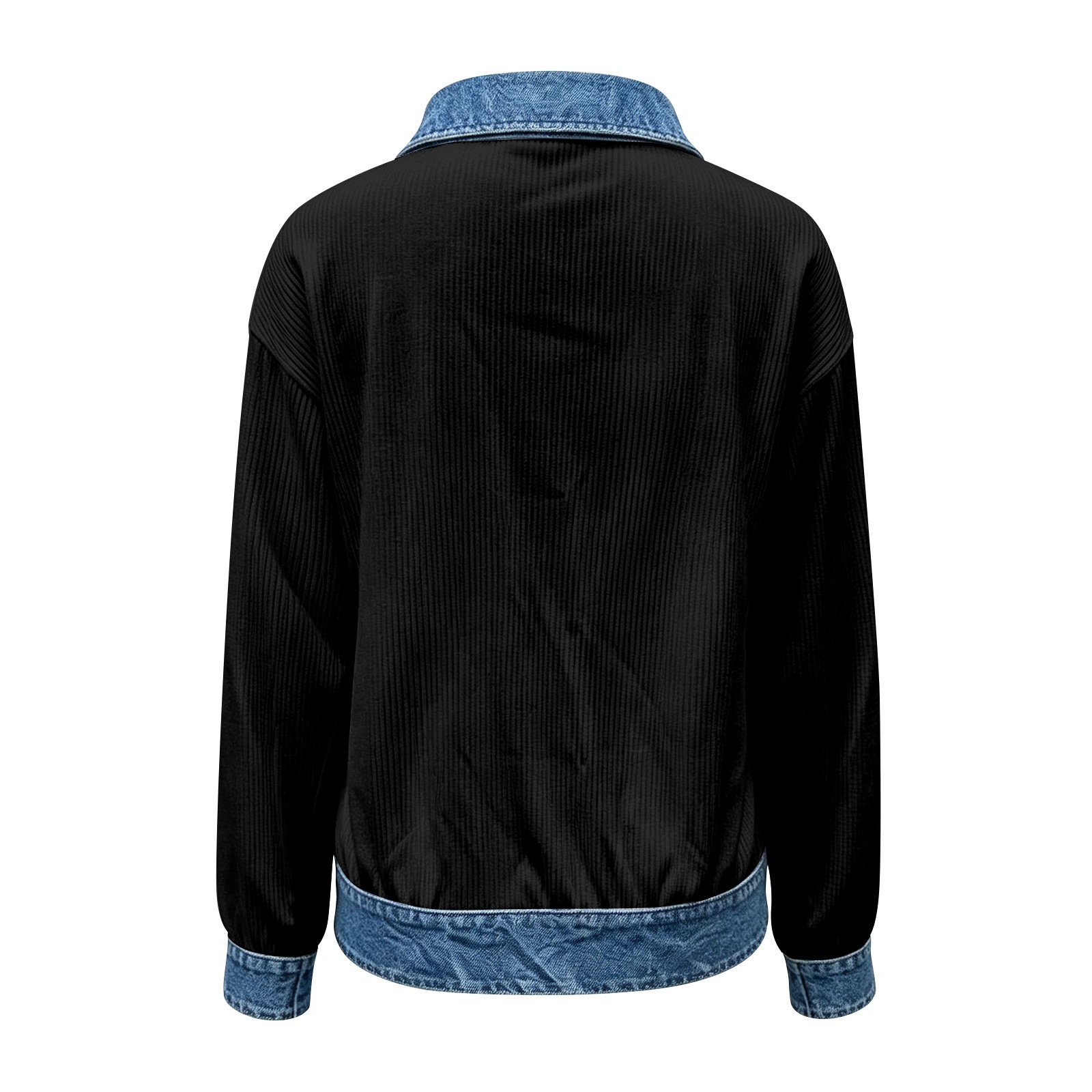 Denim Splice Zip‑Front Ribbed Casual Jacket