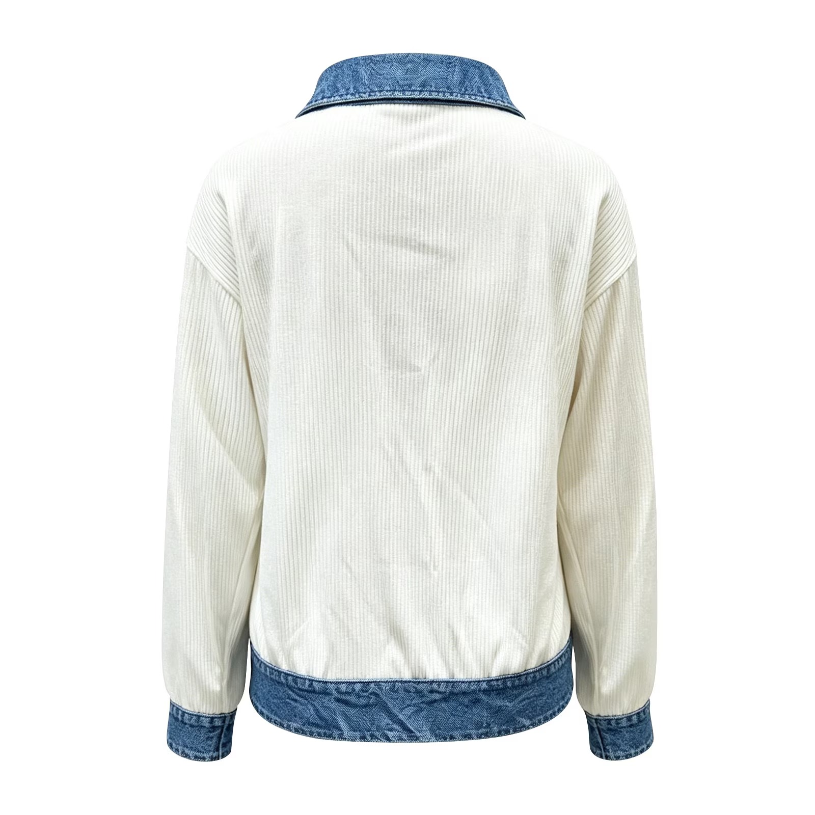 Denim Splice Zip‑Front Ribbed Casual Jacket