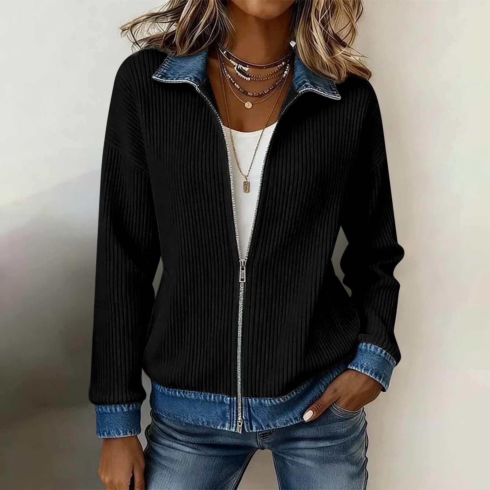 Denim Splice Zip‑Front Ribbed Casual Jacket