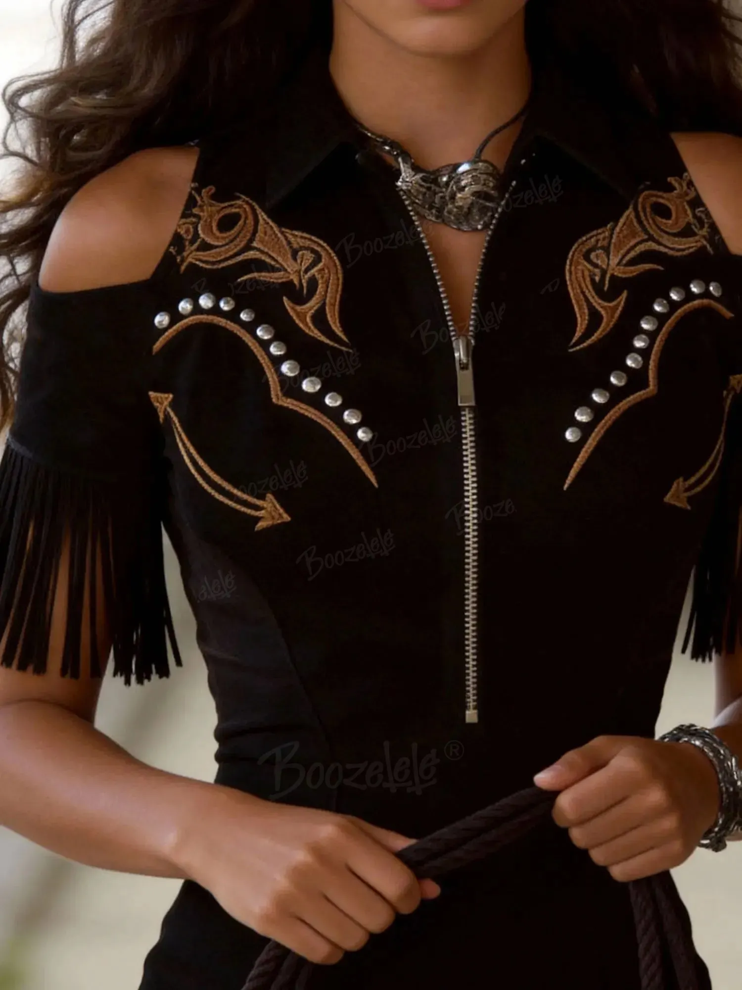 Women'S Retro Embroidered Studded Western Bohemian Style Tassel Midi Dress