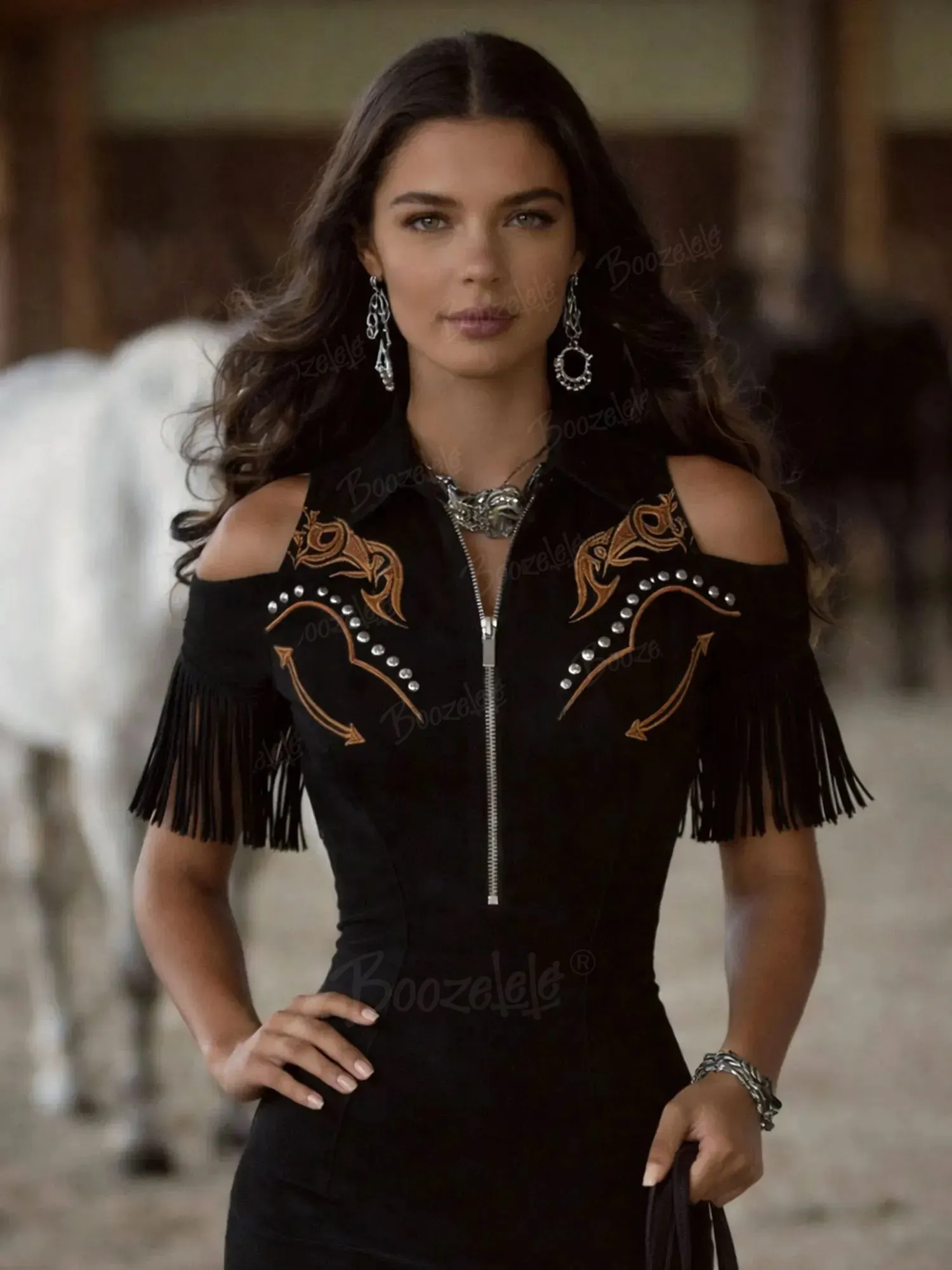 Women'S Retro Embroidered Studded Western Bohemian Style Tassel Midi Dress