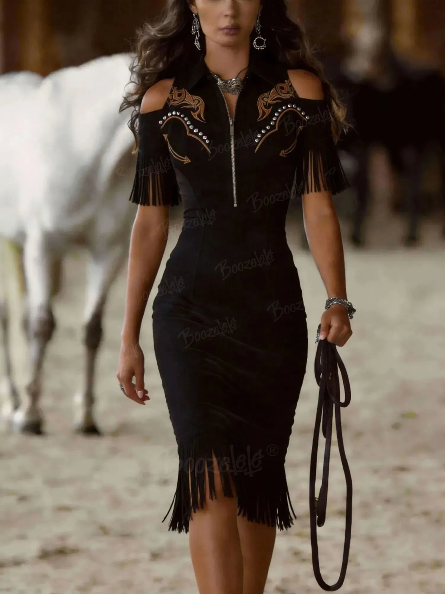 Women'S Retro Embroidered Studded Western Bohemian Style Tassel Midi Dress
