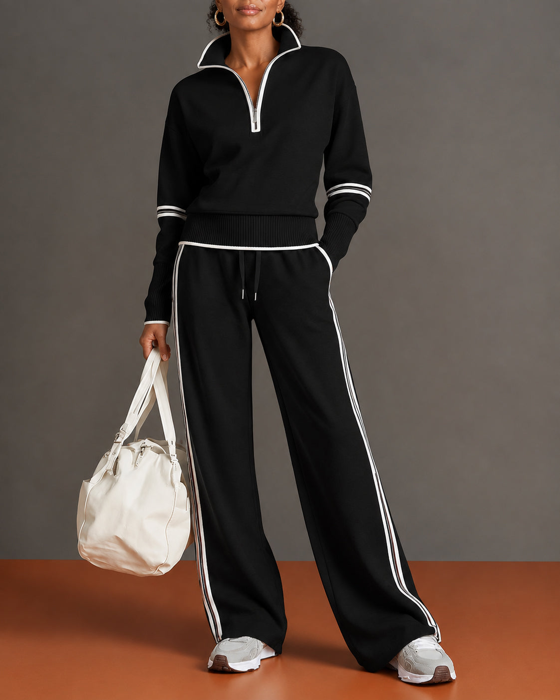 Women's Zip Collar 2 Piece Tracksuit Outfit Set