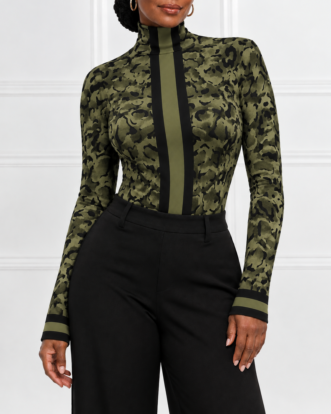 Classic Leopard Print and Stripes Turtleneck Tight Fit Long Sleeve T-Shirt