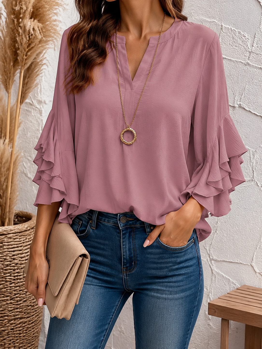 Women's Summer Shirt Casual Shirt Blouse Ruffle Solid Color Vacation Stylish Casual 3/4 Length Sleeve V Neck Regular Tops Daily Outdoor Holiday Black White Pink Army Green Summer Spring