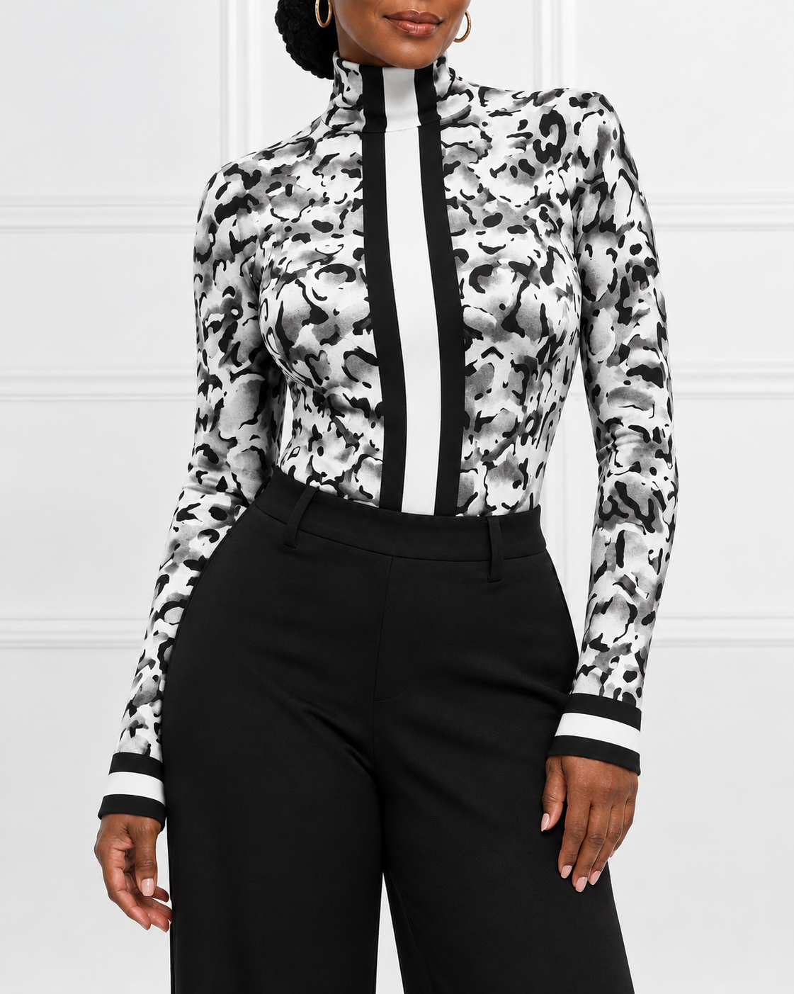 Classic Leopard Print and Stripes Turtleneck Tight Fit Long Sleeve T-Shirt