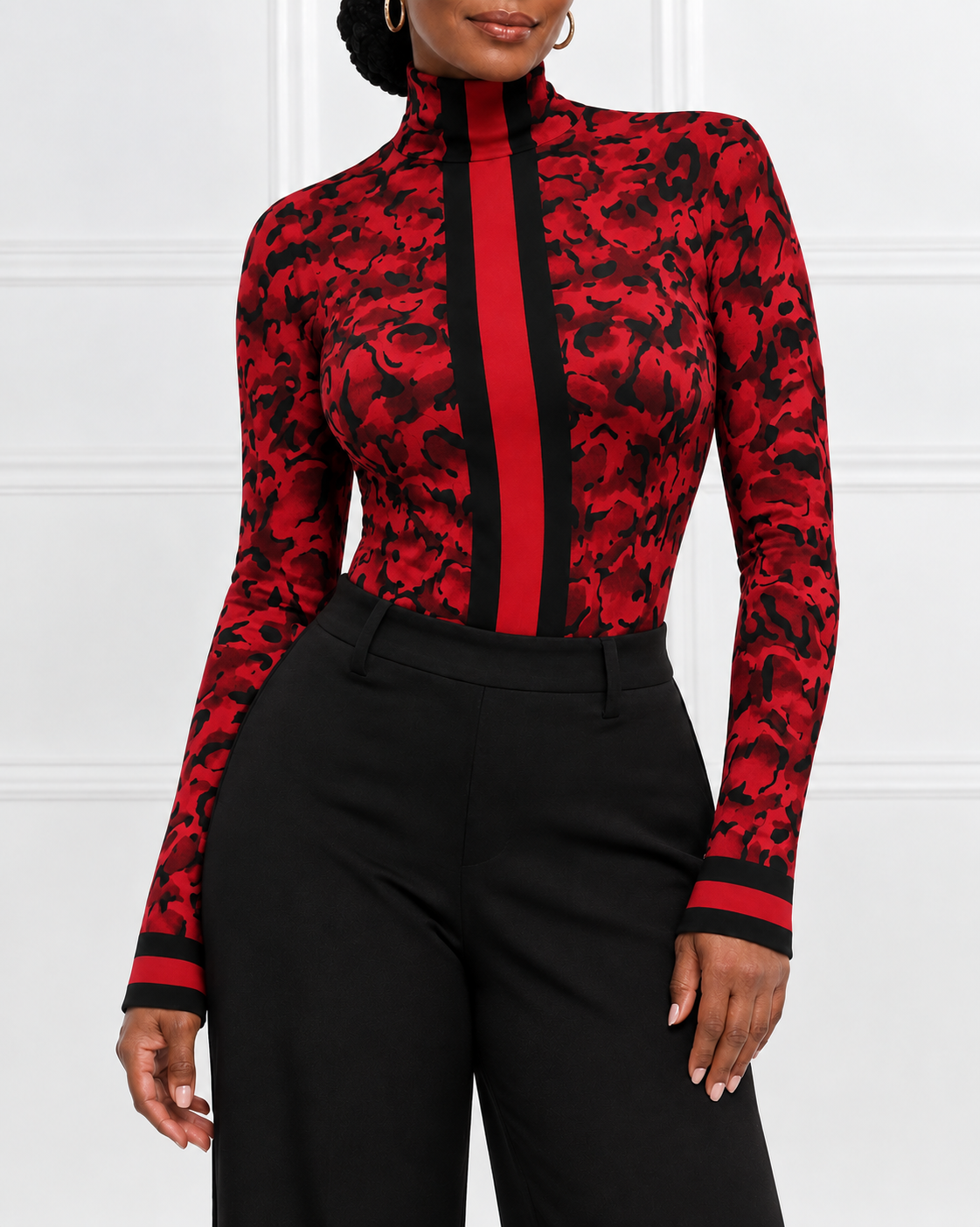 Classic Leopard Print and Stripes Turtleneck Tight Fit Long Sleeve T-Shirt