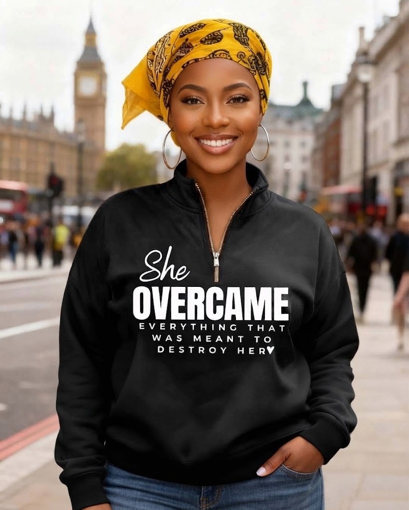 She Overcame Everything Stand Collar Zip Up Long Sleeve Sweatshirt