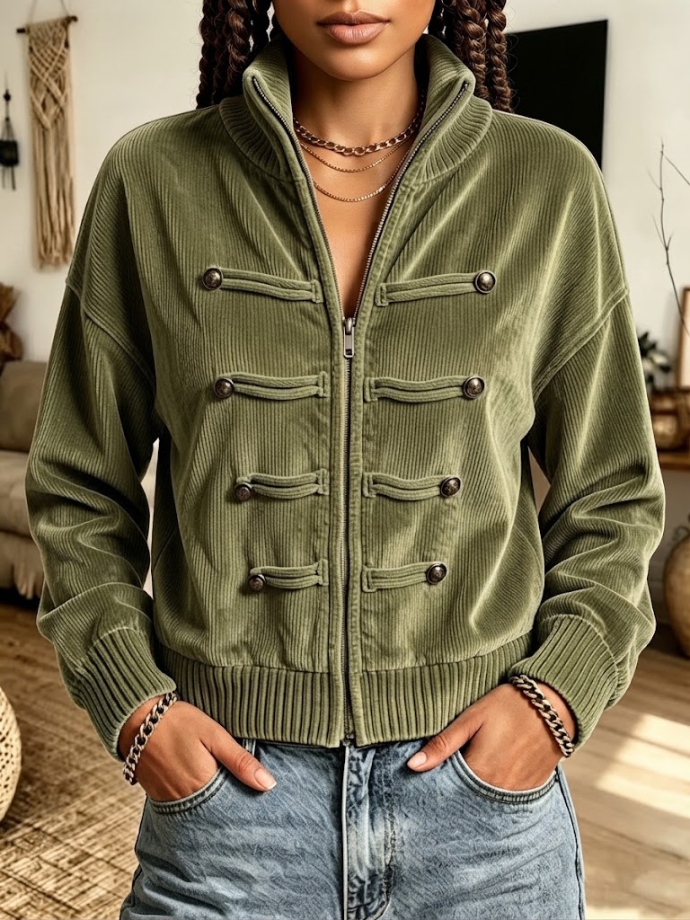 Women's Corduroy Zip-Up Stand Collar Jacket With Button Decor