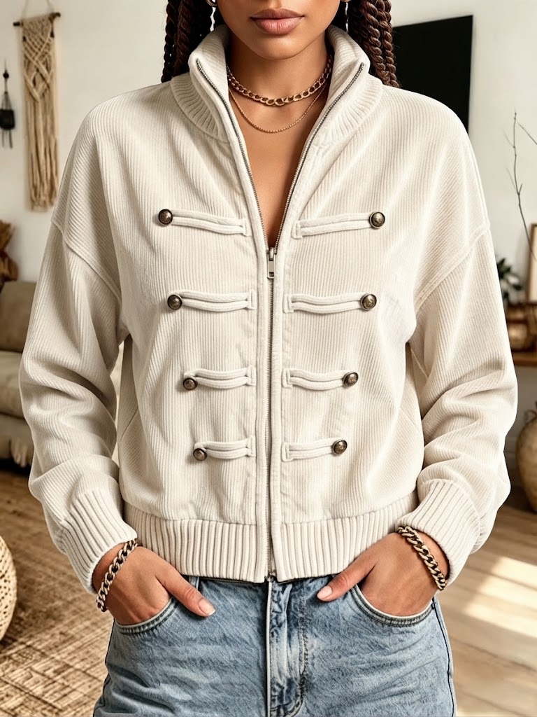 Women's Corduroy Zip-Up Stand Collar Jacket With Button Decor