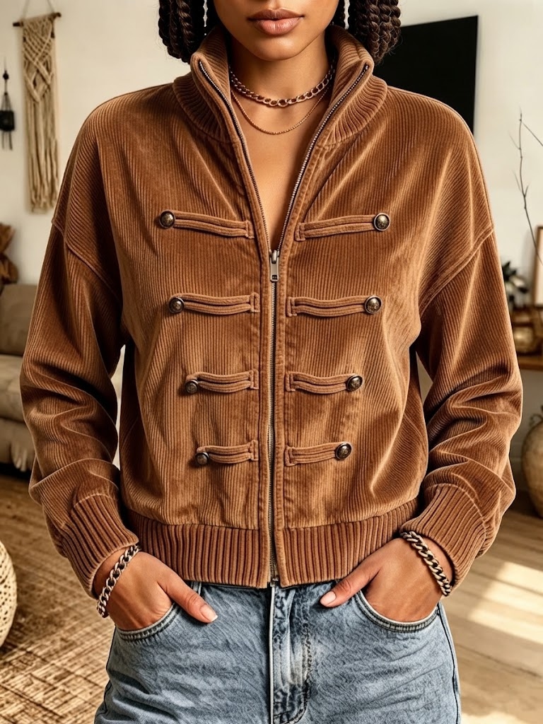 Women's Corduroy Zip-Up Stand Collar Jacket With Button Decor