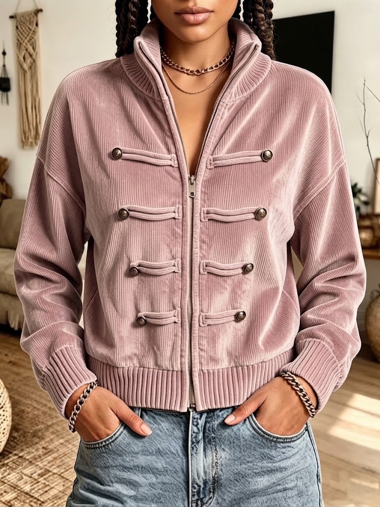 Women's Corduroy Zip-Up Stand Collar Jacket With Button Decor