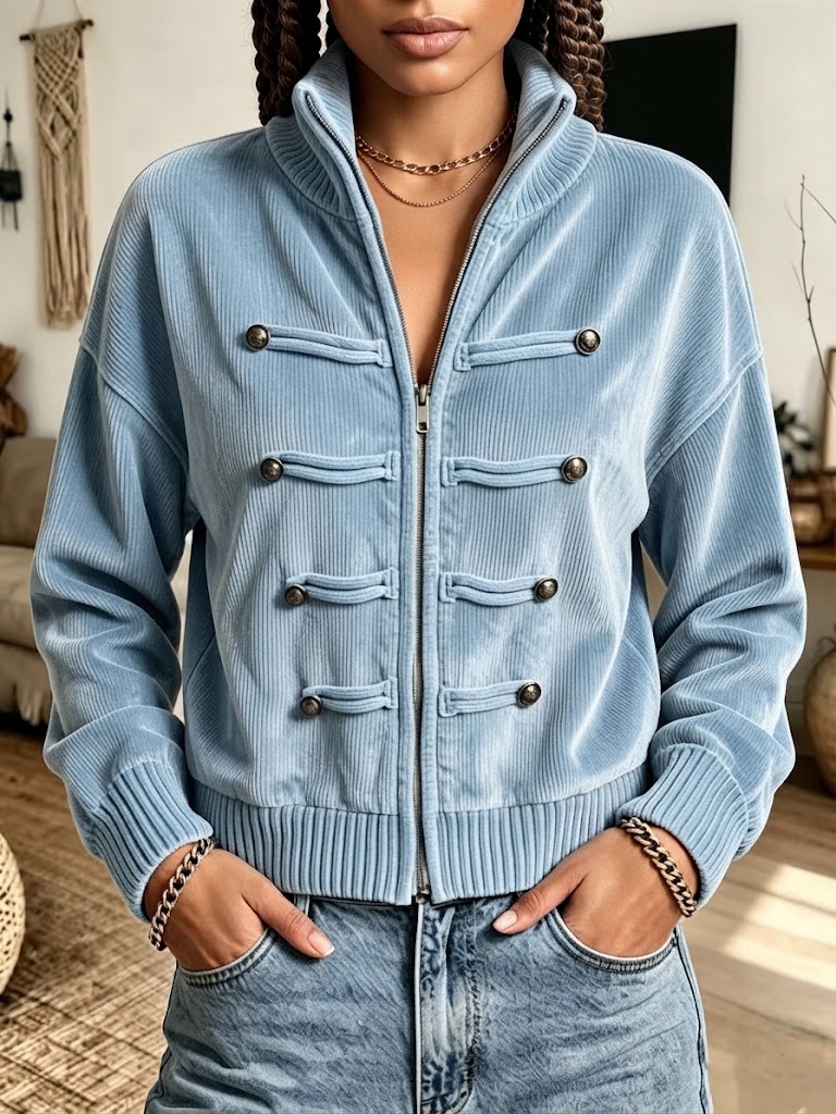 Women's Corduroy Zip-Up Stand Collar Jacket With Button Decor