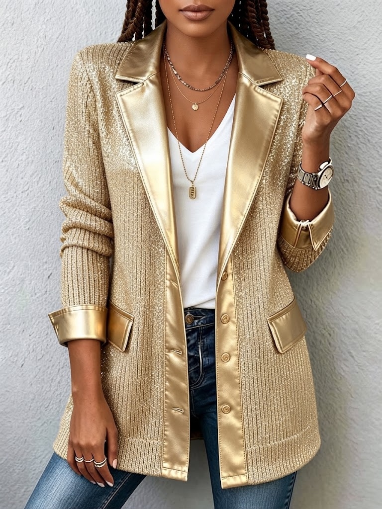 Chic Gold Knit Blazer With Sleek Faux Leather Trim