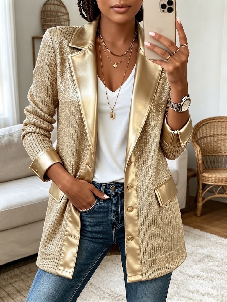 Chic Gold Knit Blazer With Sleek Faux Leather Trim