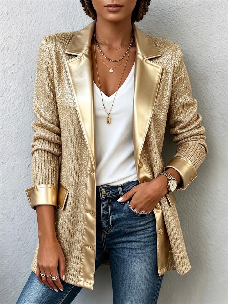 Chic Gold Knit Blazer With Sleek Faux Leather Trim