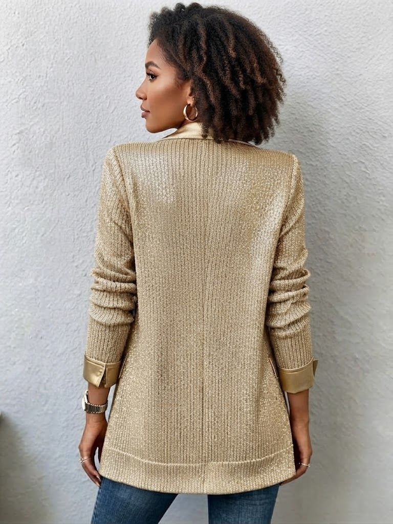 Chic Gold Knit Blazer With Sleek Faux Leather Trim