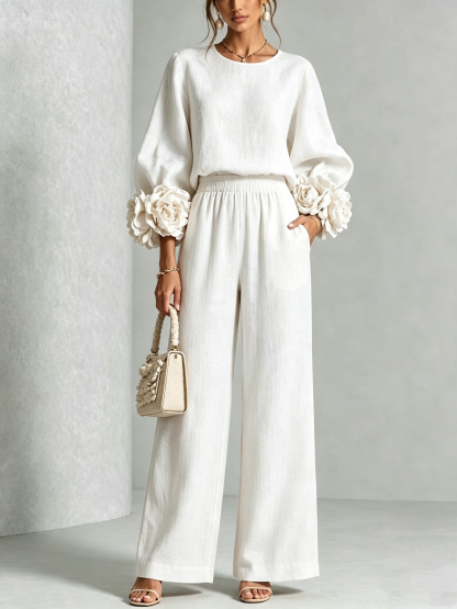 Women 3D Floral Cuff Linen Two‑Piece Outfit, Long Sleeve Blouse & Elastic Waist Wide Leg Pants Set