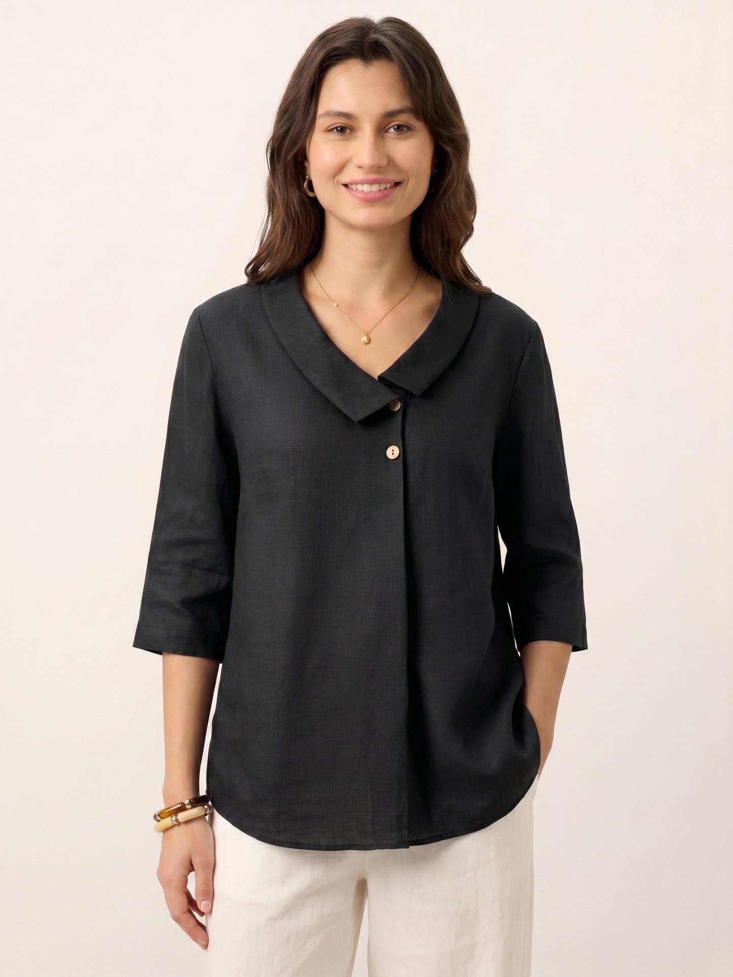 Women's 100% Linen Long-Sleeve Top with Asymmetric Neckline and Inverted Pleat