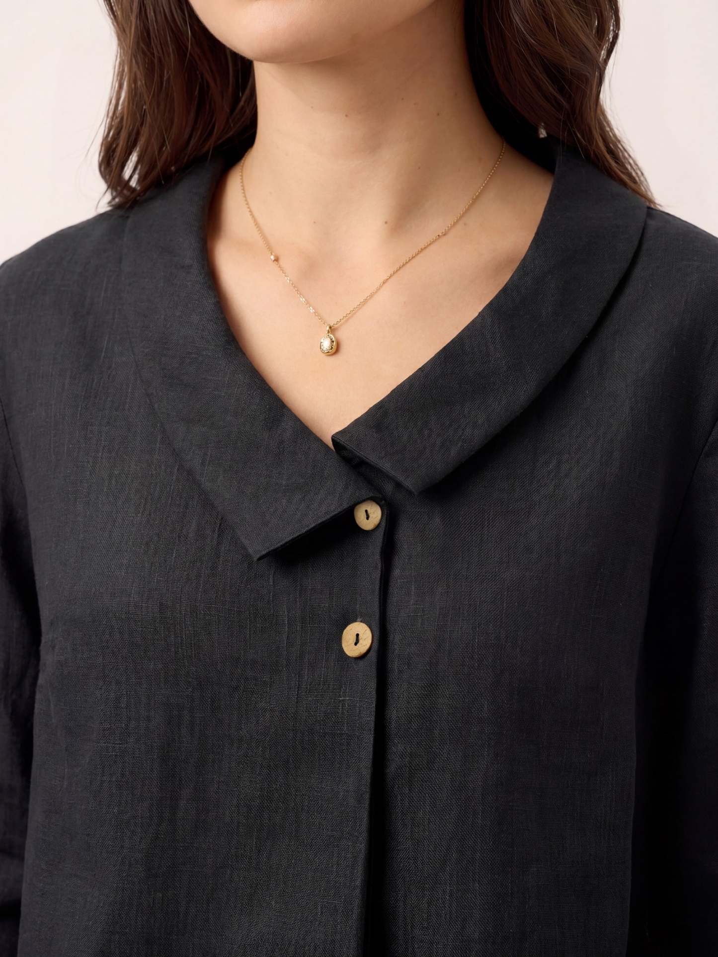Women's 100% Linen Long-Sleeve Top with Asymmetric Neckline and Inverted Pleat